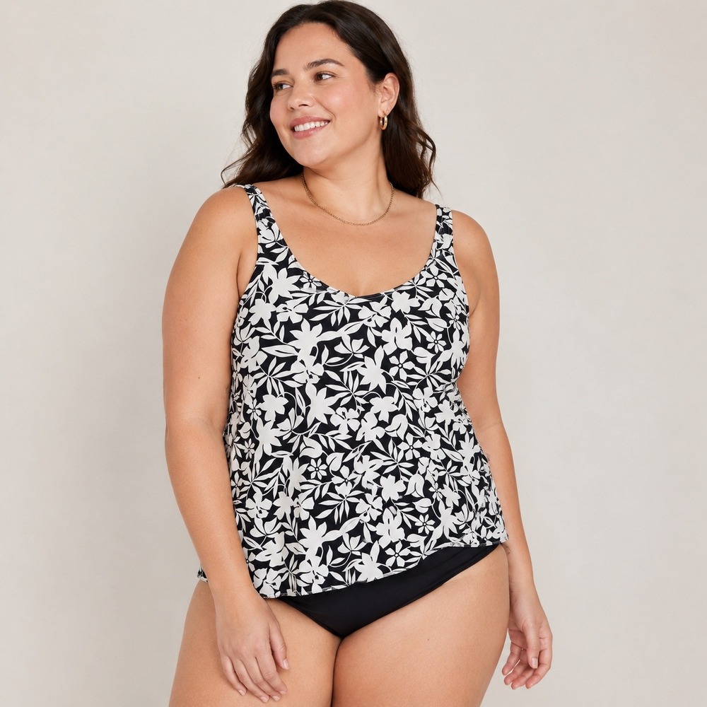 Lands' End Swim Tankini Top Black White Floral Print Plus Size 2X 20W-22W